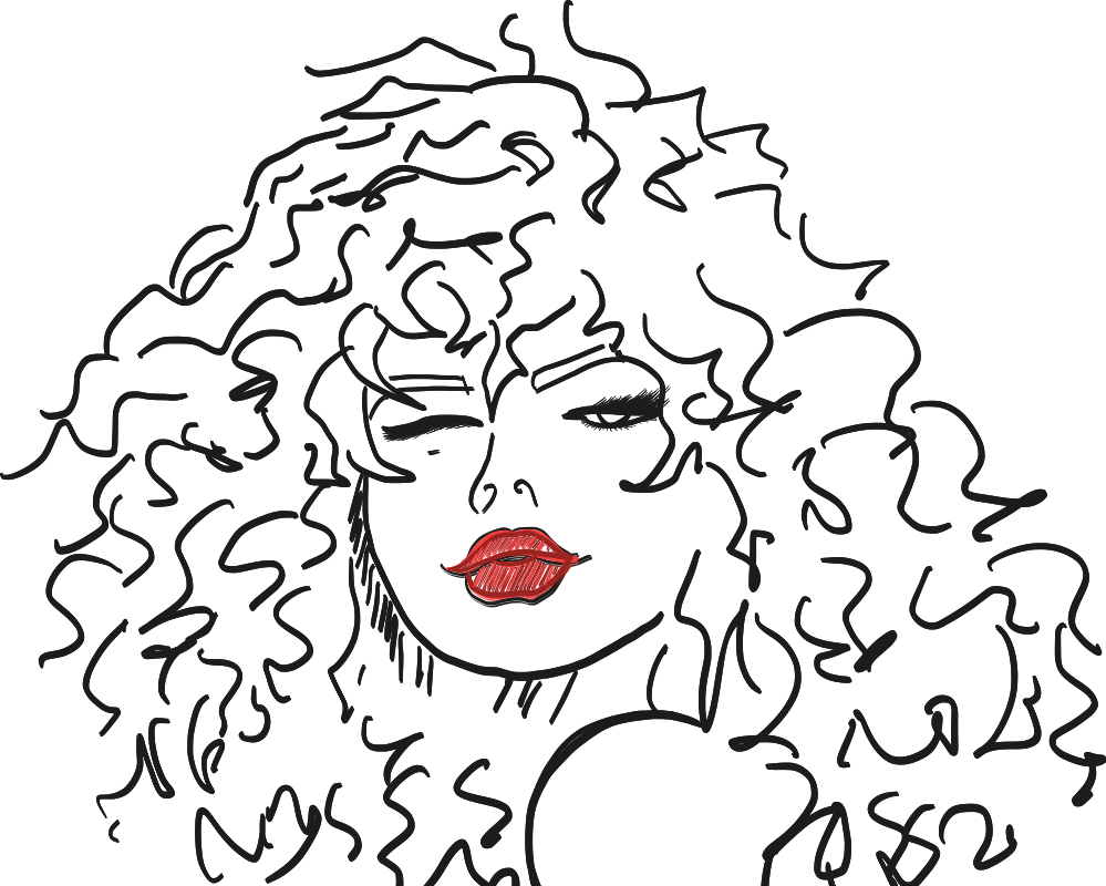 drawing of woman with curly hair with red lipstick